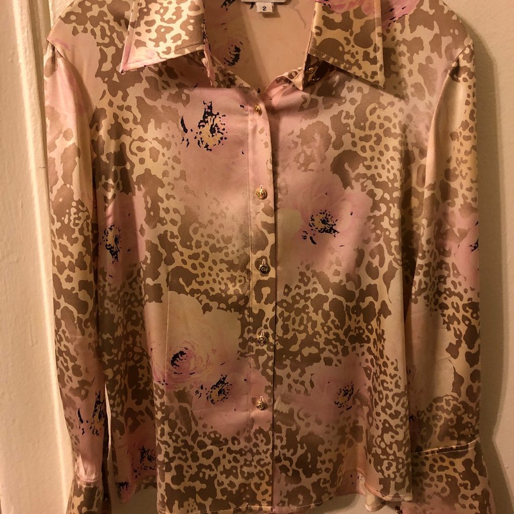 St John Silk Pink Peony and Animal Print Blouse